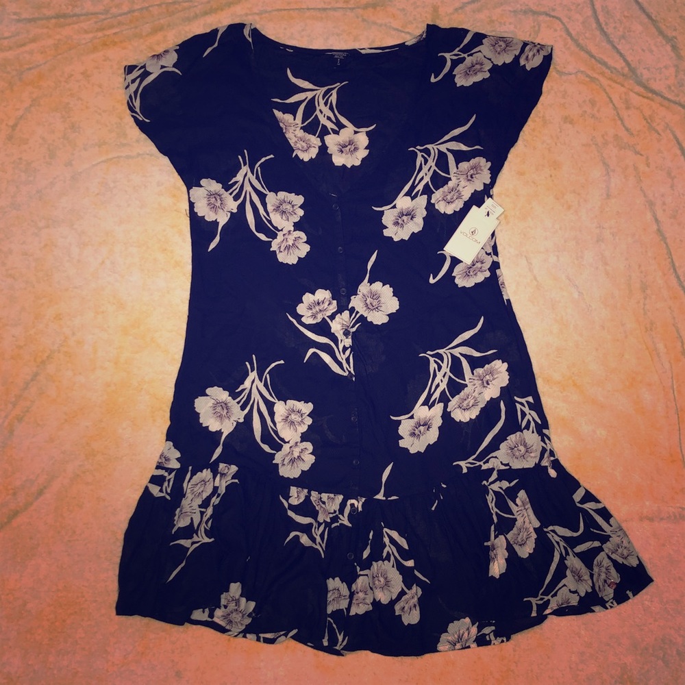 Volcom Button Print Floral Pattern Navy Dress